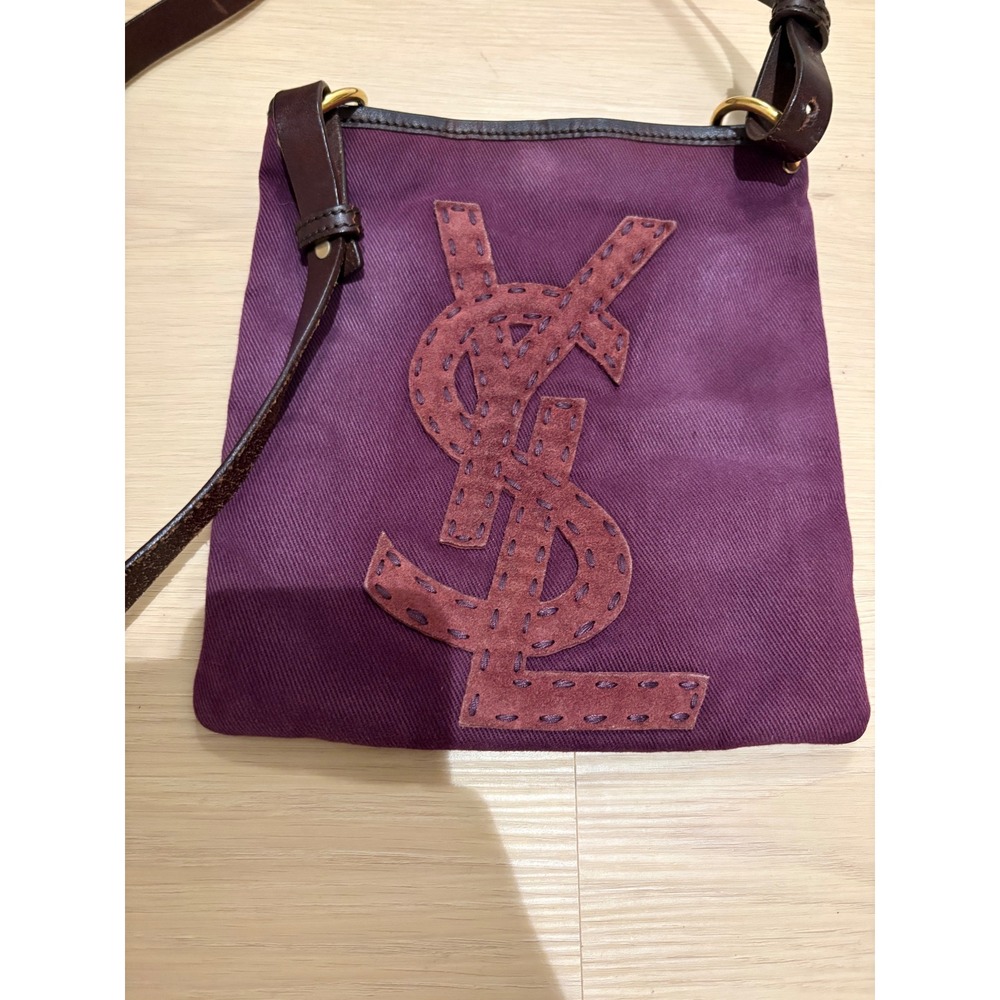 Yves Saint Laurent Purple Denim Crossbody Bag YSL Logo Vintage Plum - Picture 3 of 7